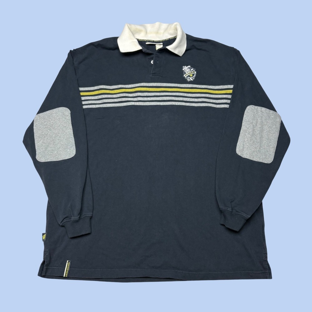 Rocawear Mens Navy Blue Long Sleeve Rugby Shirt XL Striped Elbow Patches